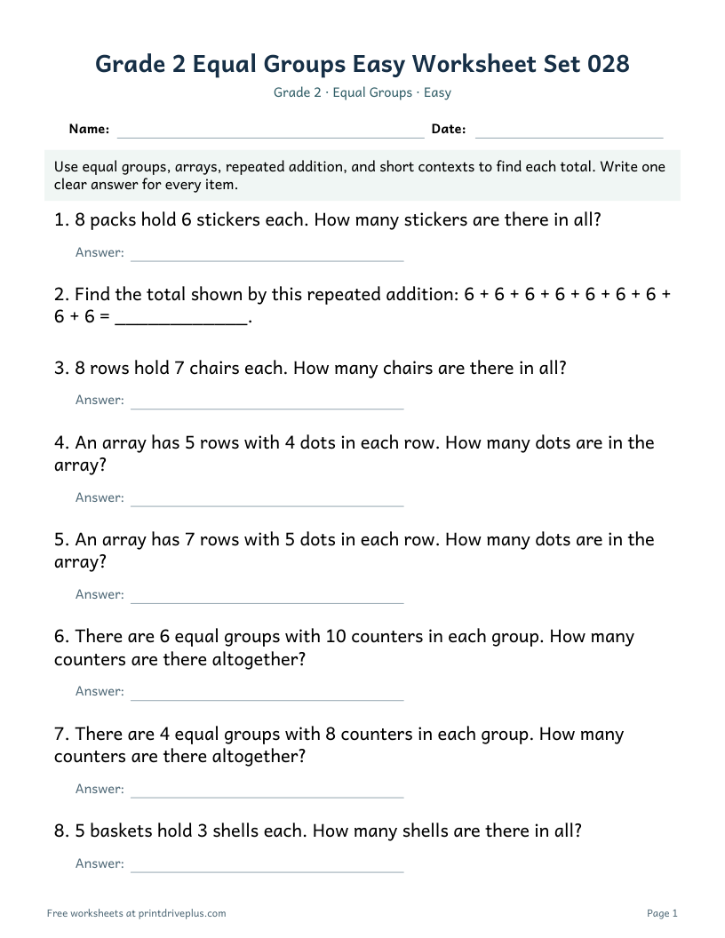 Preview of Grade 2 Equal Groups Easy Worksheet Set 028