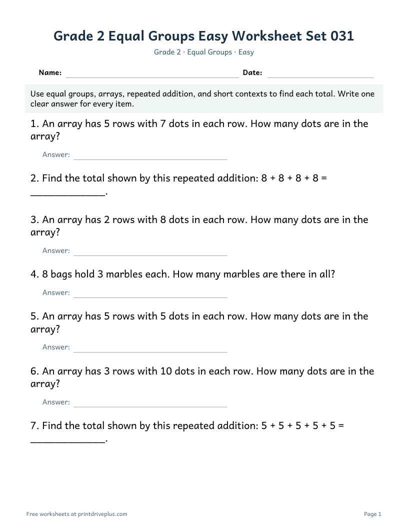 Preview of Grade 2 Equal Groups Easy Worksheet Set 031