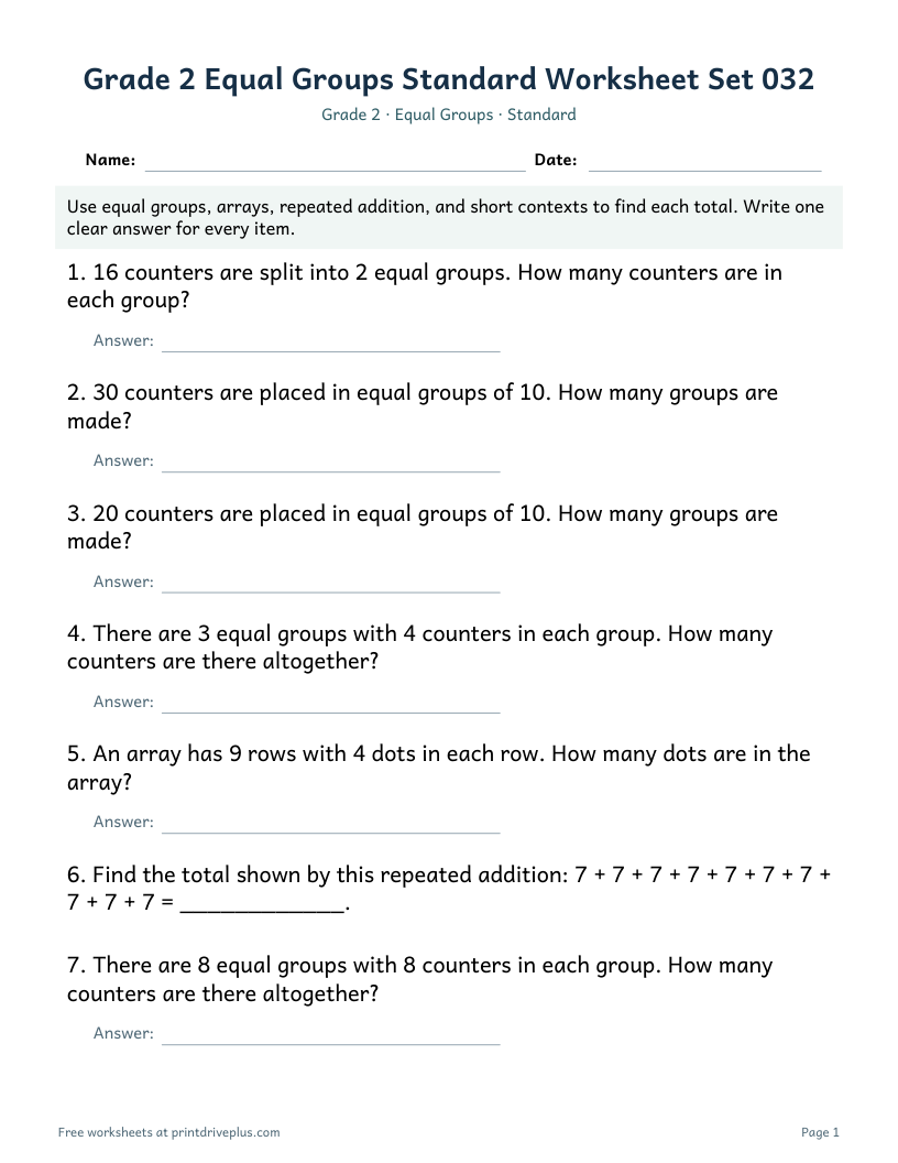 Preview of Grade 2 Equal Groups Standard Worksheet Set 032