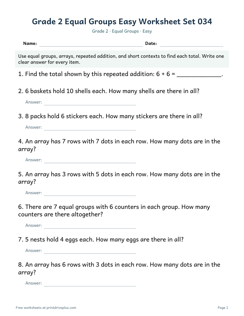 Preview of Grade 2 Equal Groups Easy Worksheet Set 034