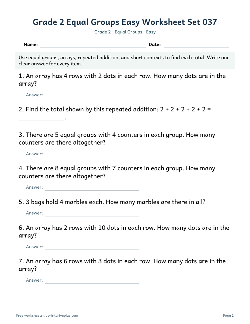 Preview of Grade 2 Equal Groups Easy Worksheet Set 037