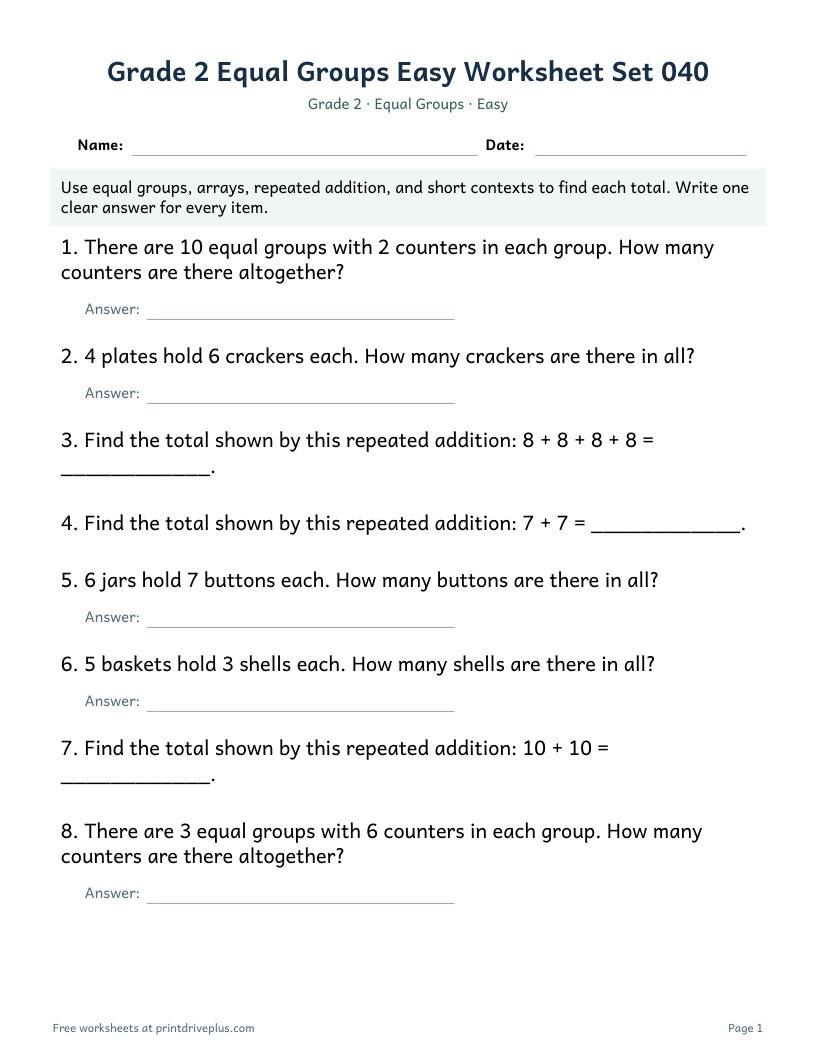 Preview of Grade 2 Equal Groups Easy Worksheet Set 040
