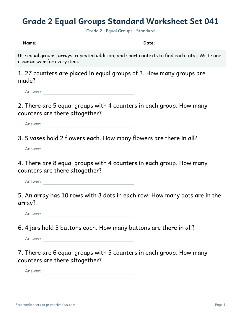 Preview of Grade 2 Equal Groups Standard Worksheet Set 041
