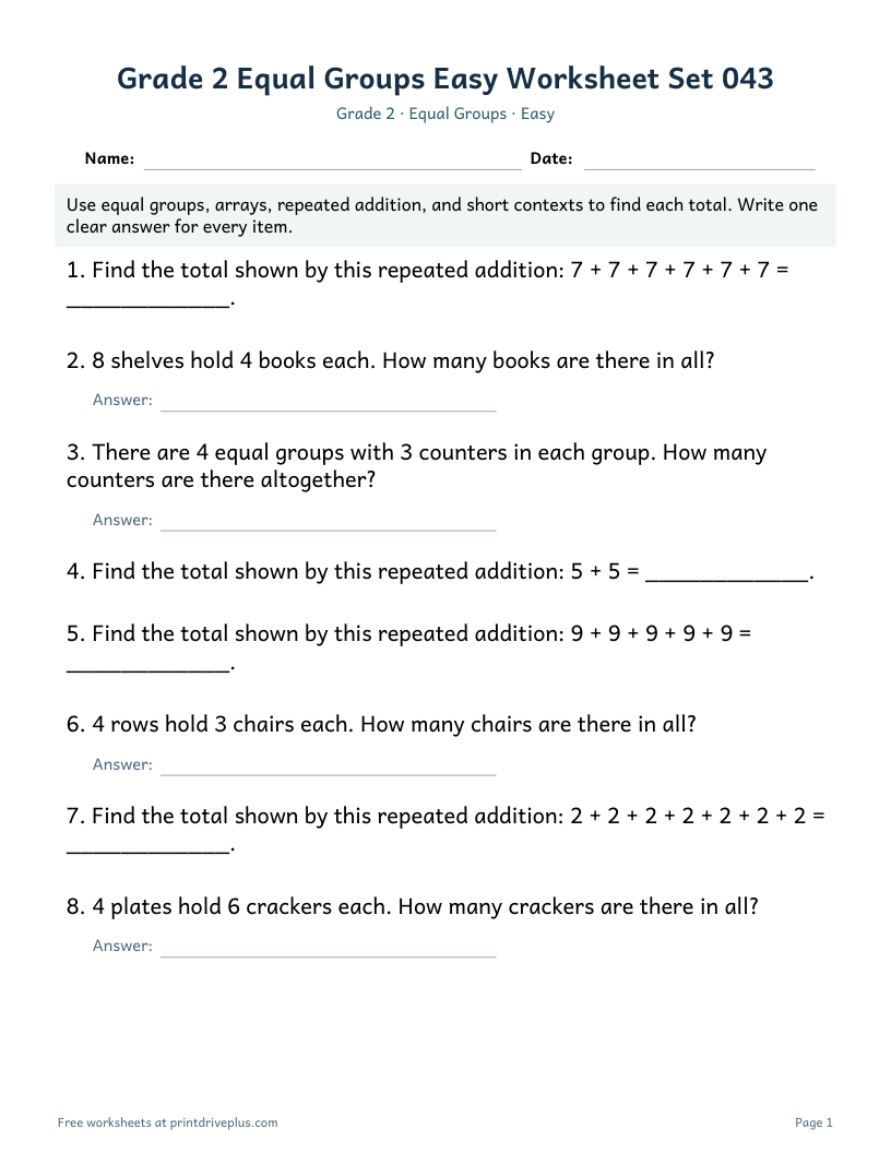 Preview of Grade 2 Equal Groups Easy Worksheet Set 043