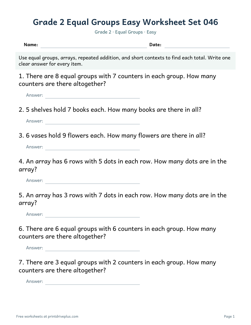 Preview of Grade 2 Equal Groups Easy Worksheet Set 046