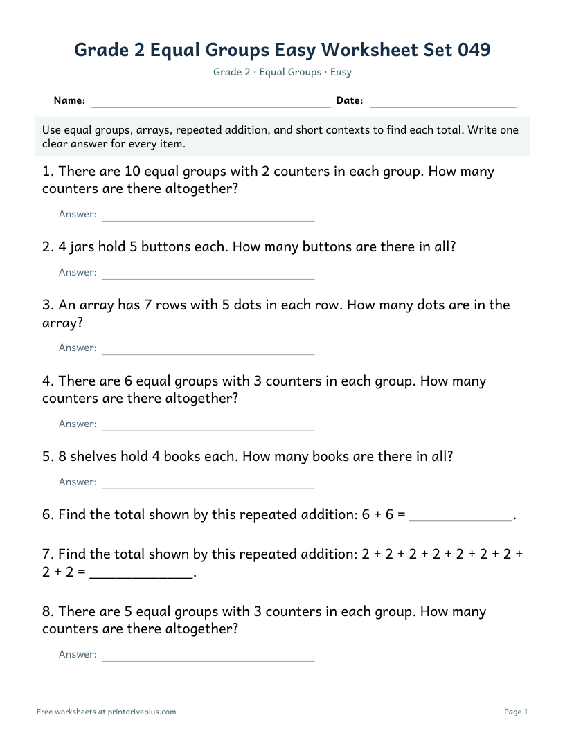 Preview of Grade 2 Equal Groups Easy Worksheet Set 049