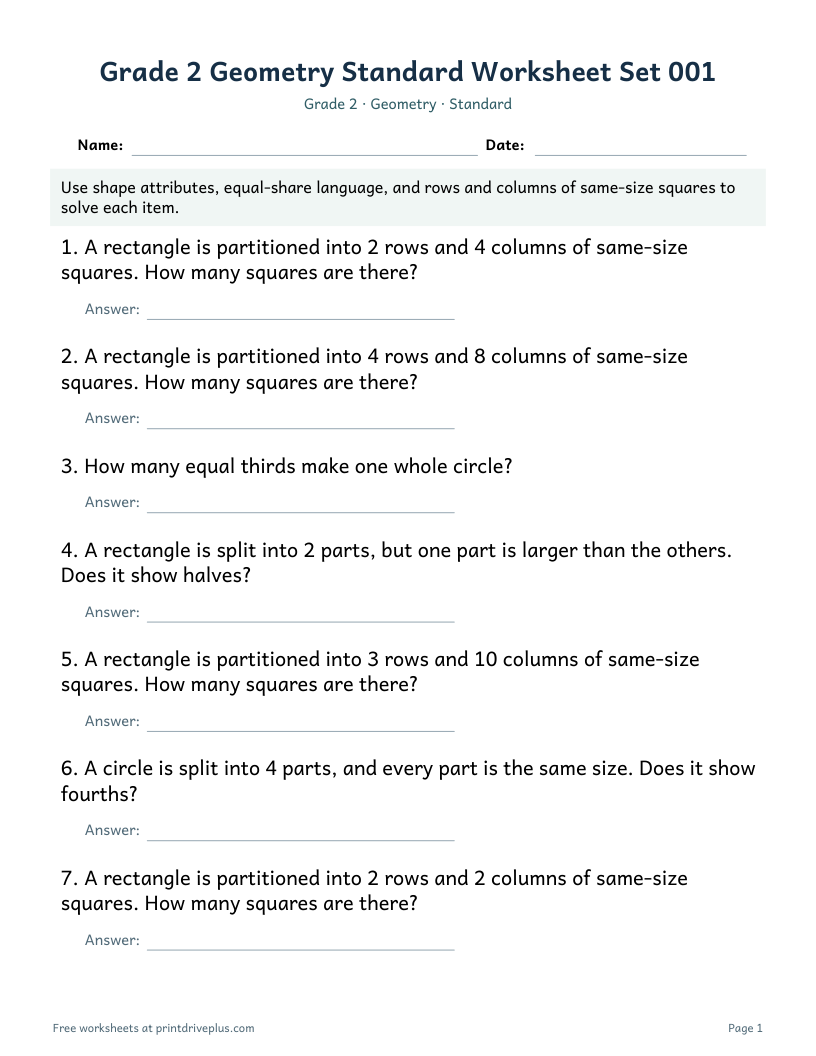 Preview of Grade 2 Geometry Standard Worksheet Set 001