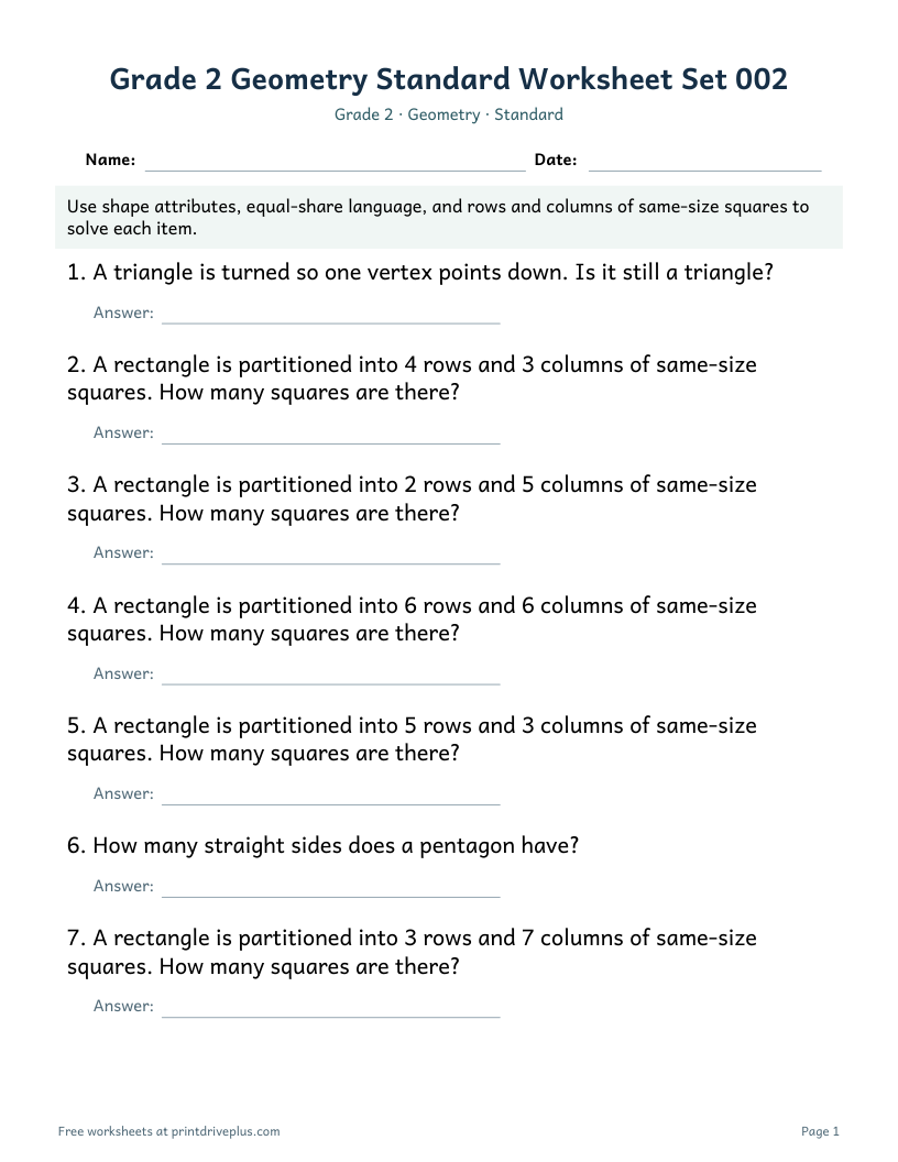 Preview of Grade 2 Geometry Standard Worksheet Set 002