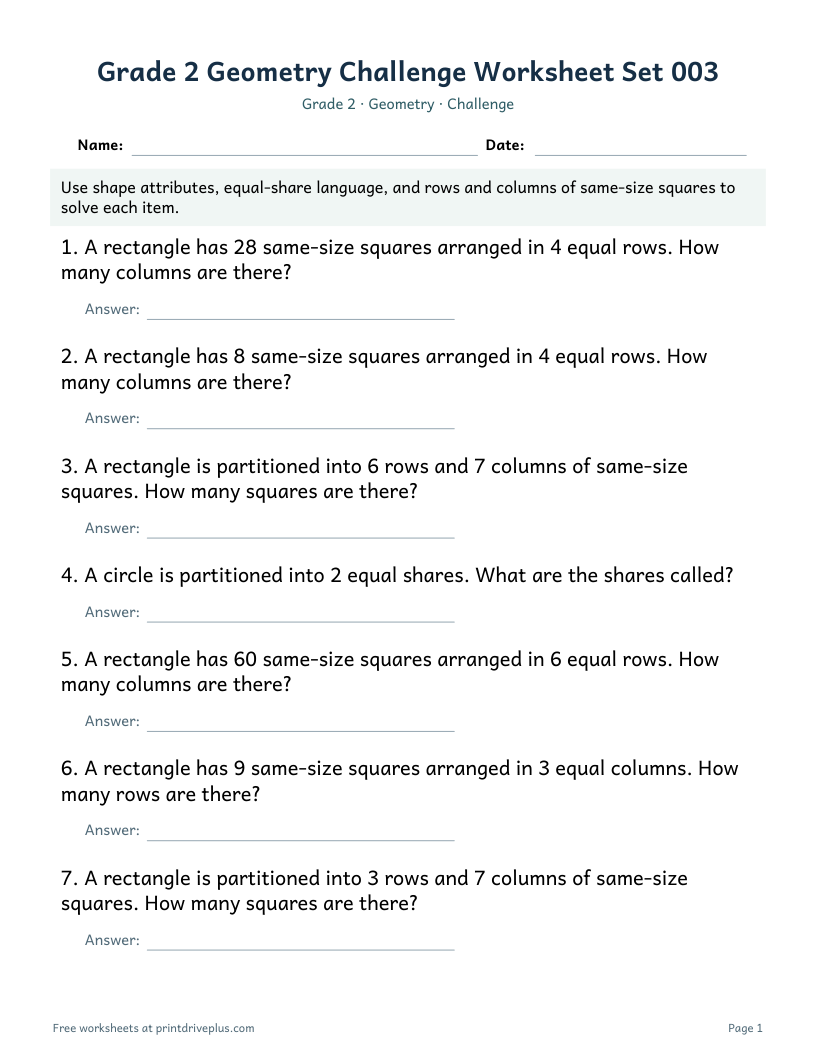 Preview of Grade 2 Geometry Challenge Worksheet Set 003