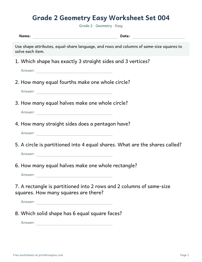 Preview of Grade 2 Geometry Easy Worksheet Set 004