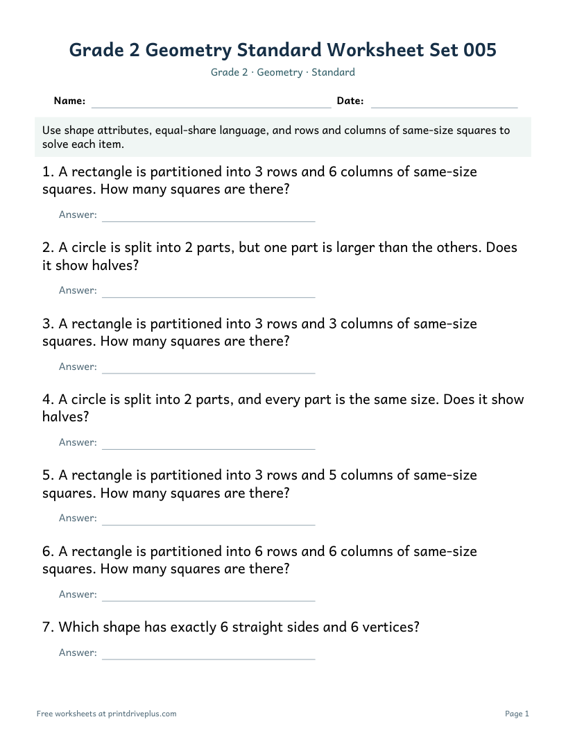 Preview of Grade 2 Geometry Standard Worksheet Set 005