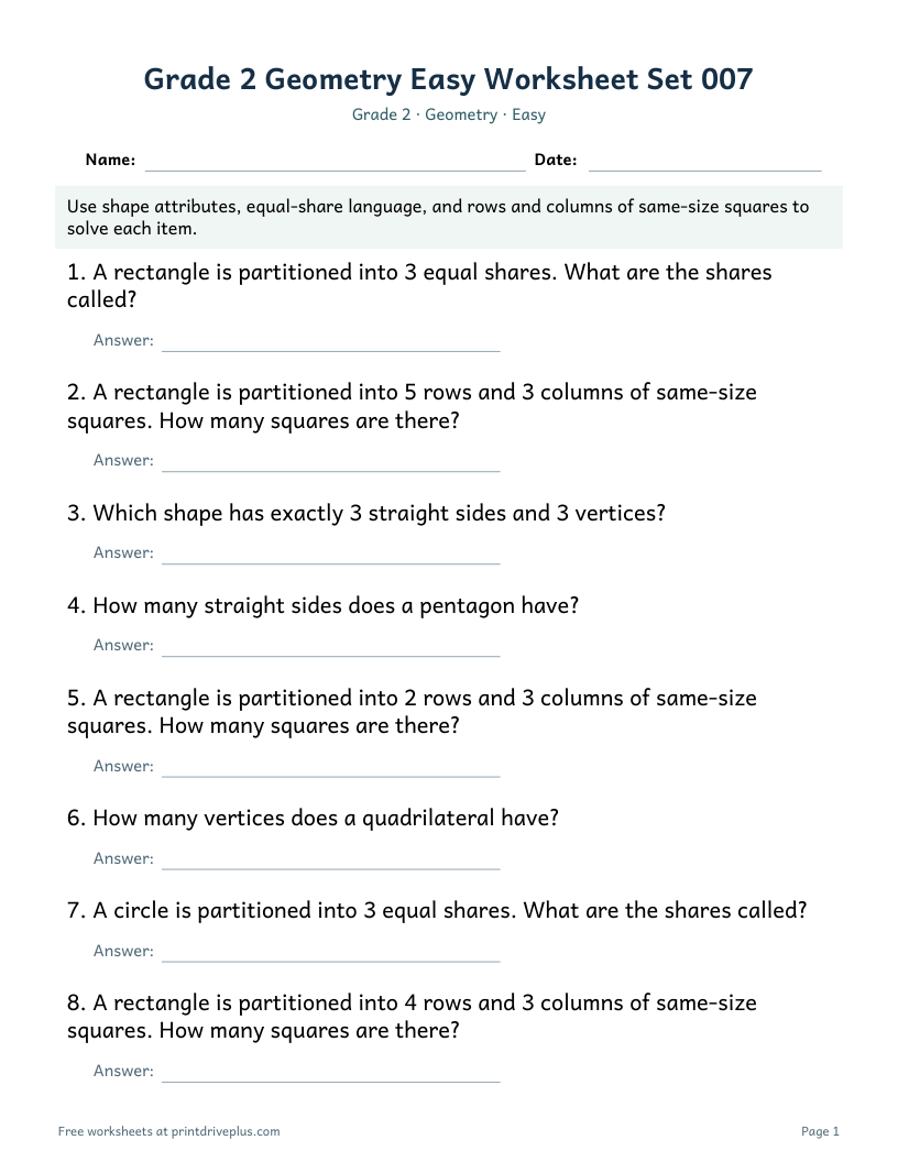 Preview of Grade 2 Geometry Easy Worksheet Set 007