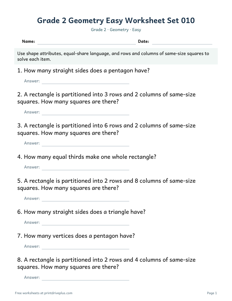 Preview of Grade 2 Geometry Easy Worksheet Set 010