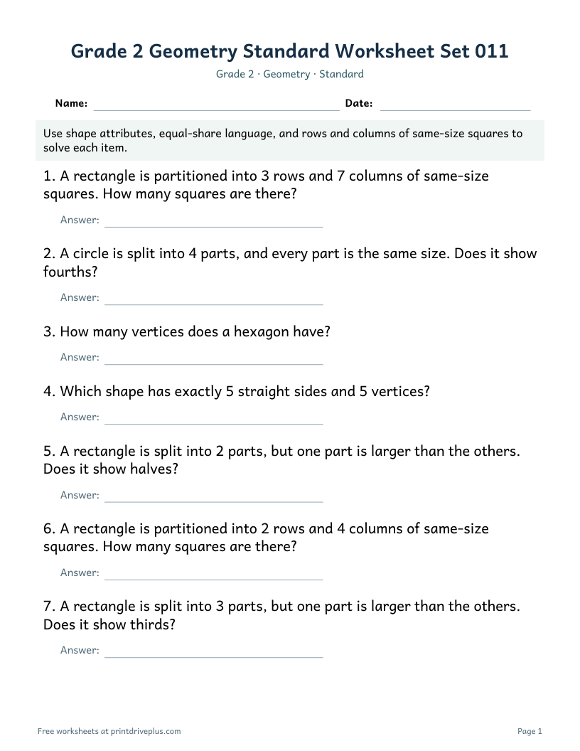 Preview of Grade 2 Geometry Standard Worksheet Set 011
