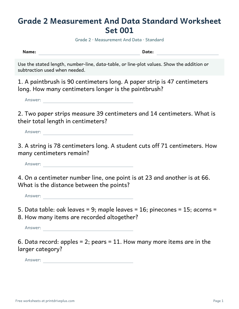 Preview of Grade 2 Measurement And Data Standard Worksheet Set 001