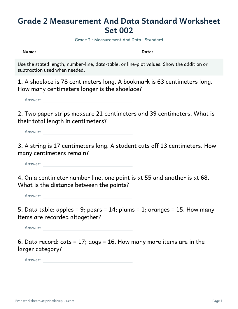 Preview of Grade 2 Measurement And Data Standard Worksheet Set 002