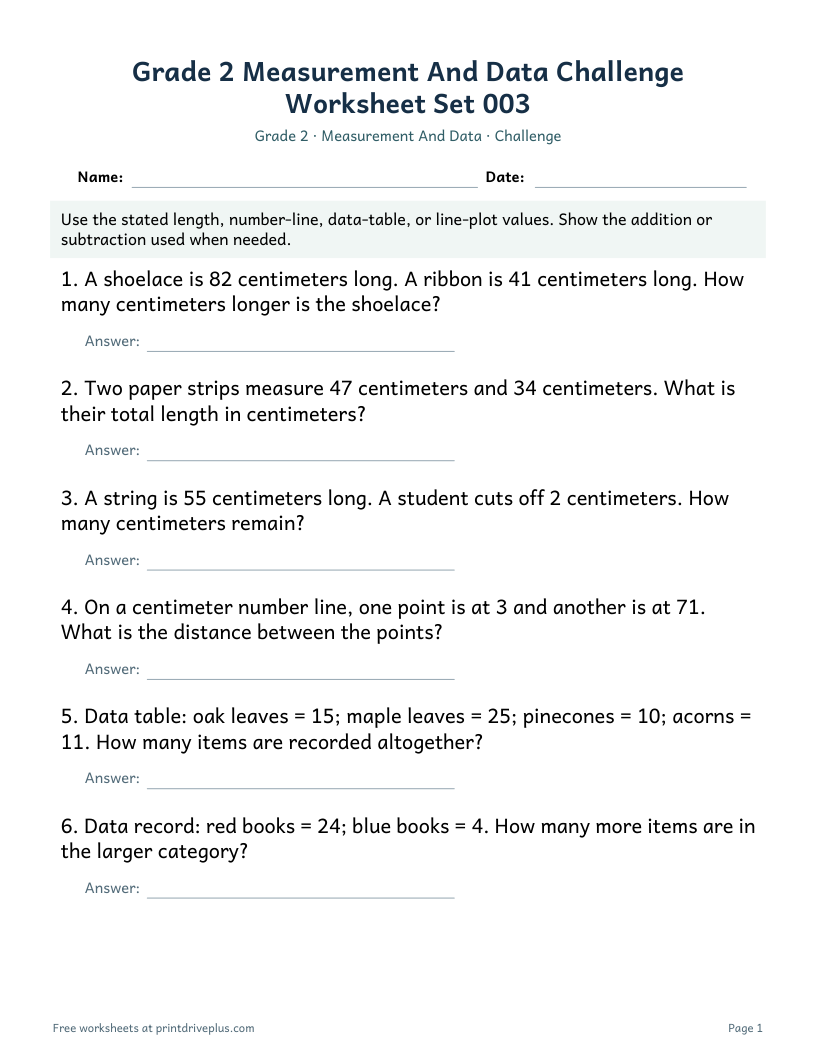Preview of Grade 2 Measurement And Data Challenge Worksheet Set 003