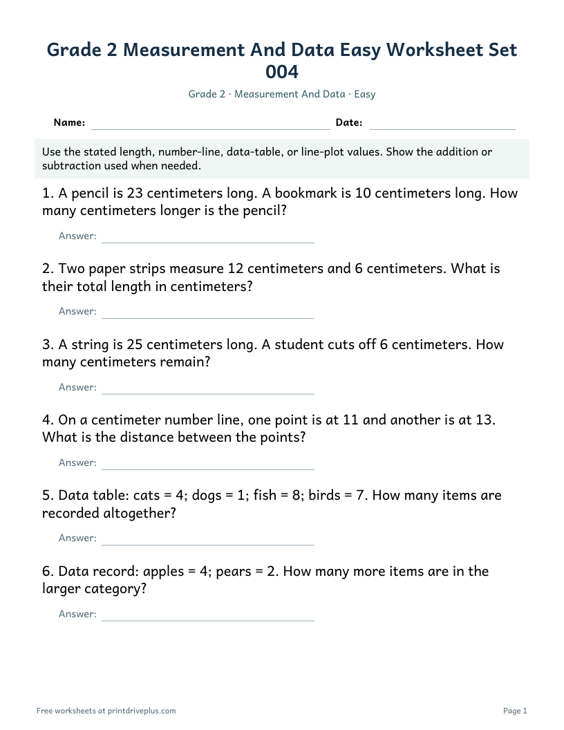 Preview of Grade 2 Measurement And Data Easy Worksheet Set 004