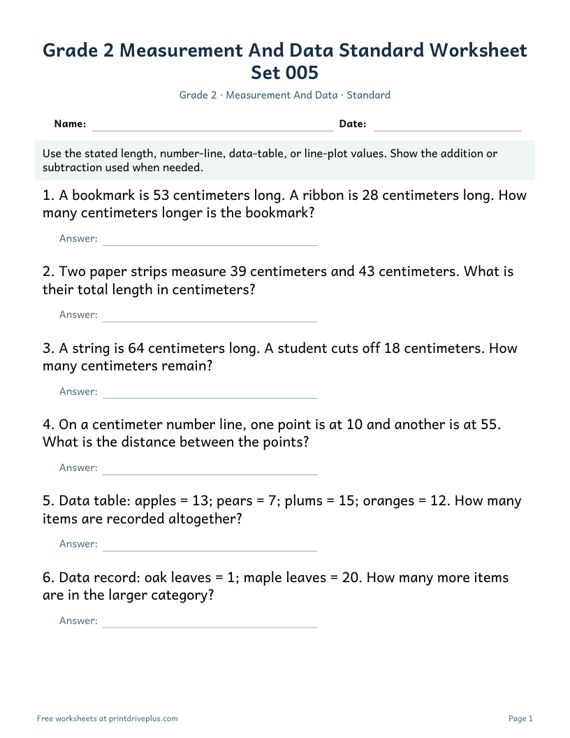 Preview of Grade 2 Measurement And Data Standard Worksheet Set 005