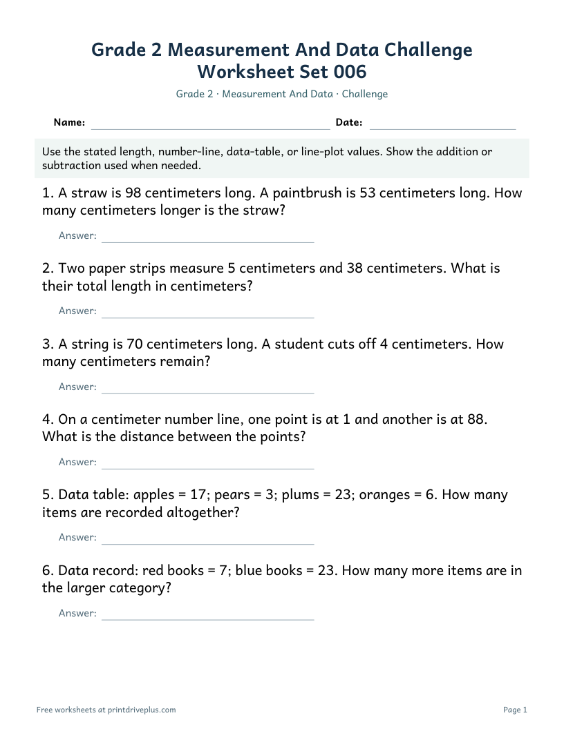 Preview of Grade 2 Measurement And Data Challenge Worksheet Set 006