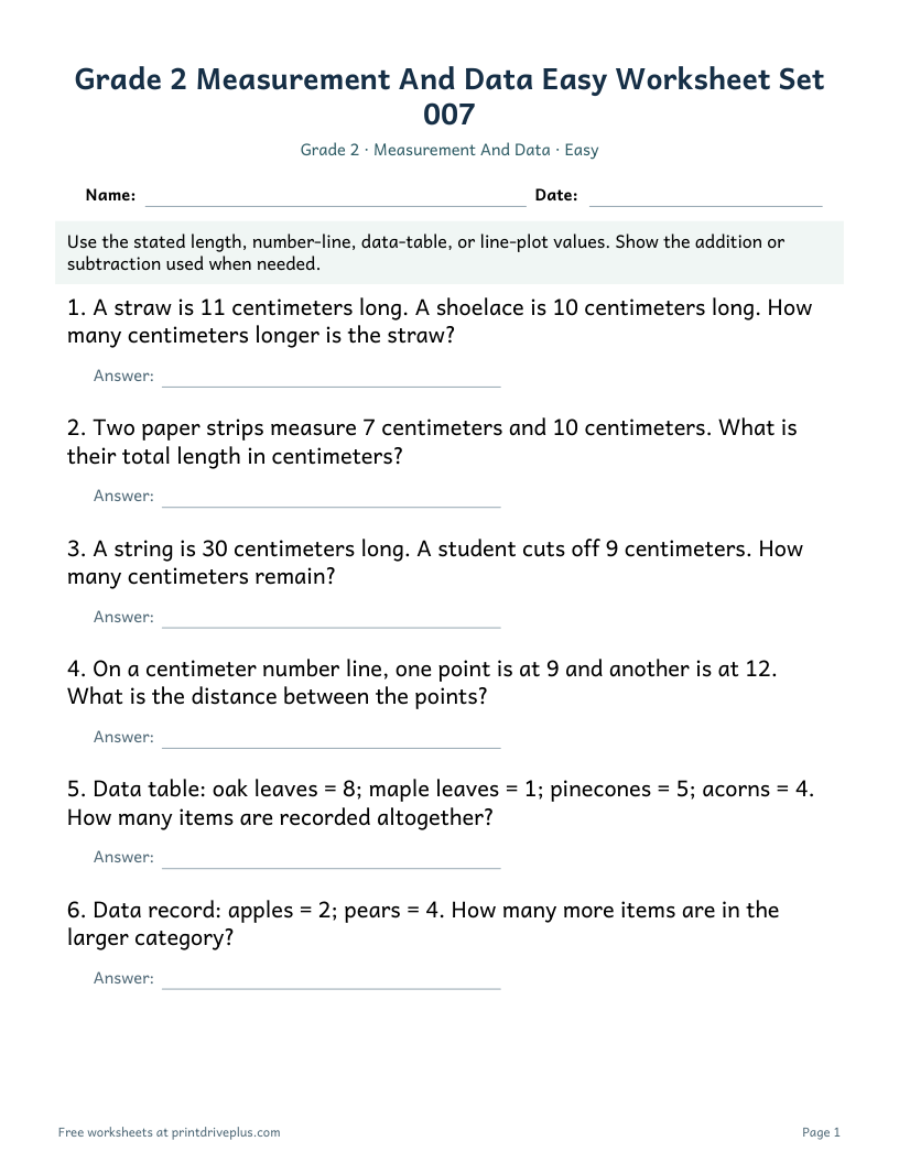 Preview of Grade 2 Measurement And Data Easy Worksheet Set 007