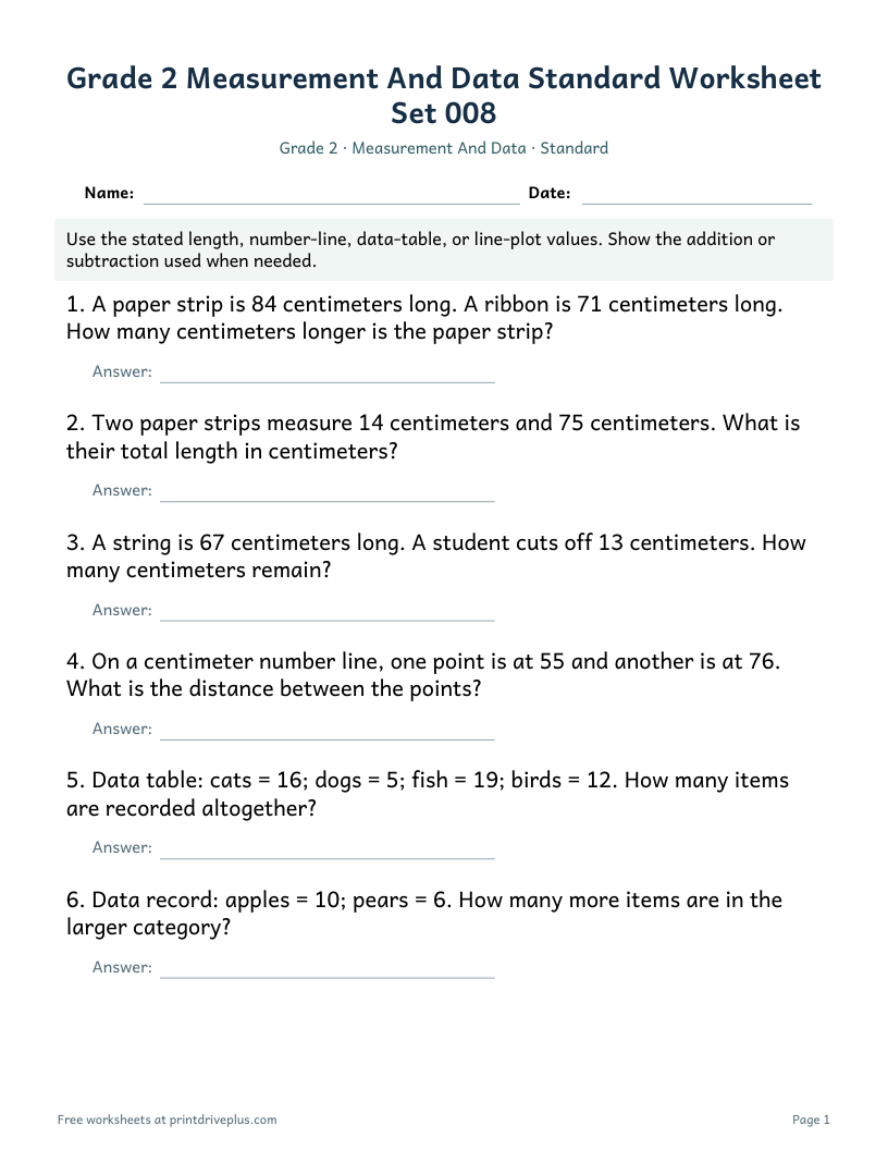 Preview of Grade 2 Measurement And Data Standard Worksheet Set 008