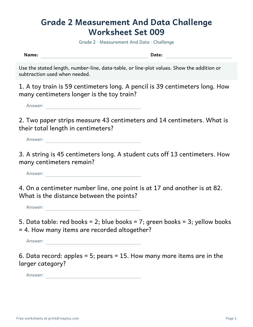 Preview of Grade 2 Measurement And Data Challenge Worksheet Set 009
