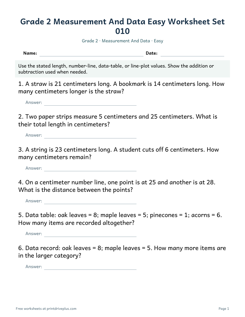Preview of Grade 2 Measurement And Data Easy Worksheet Set 010