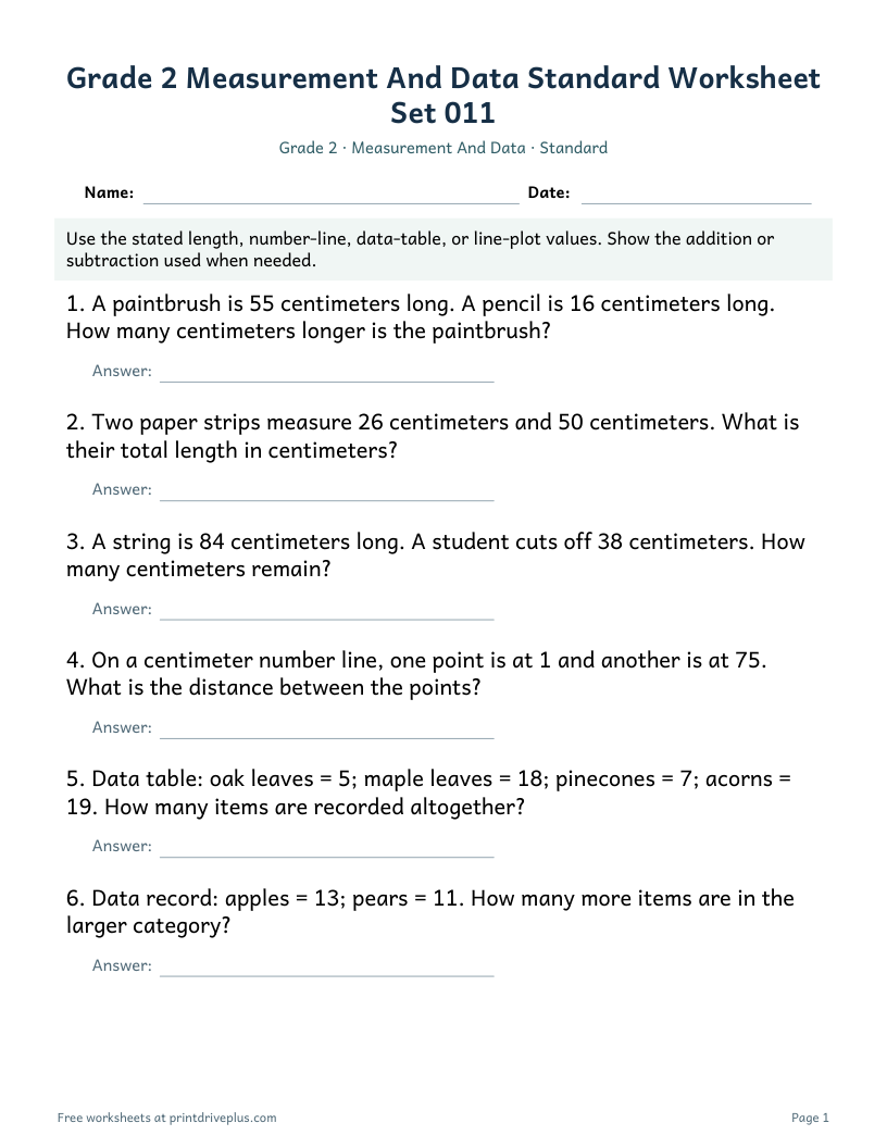 Preview of Grade 2 Measurement And Data Standard Worksheet Set 011