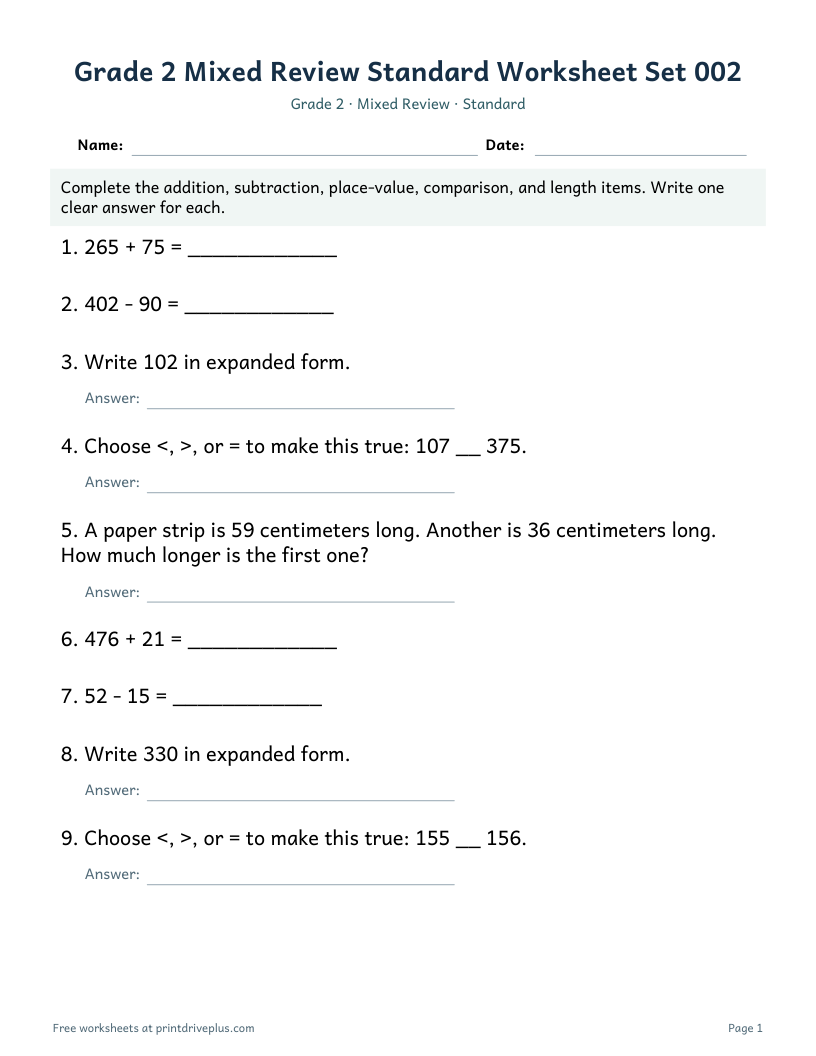 Preview of Grade 2 Mixed Review Standard Worksheet Set 002