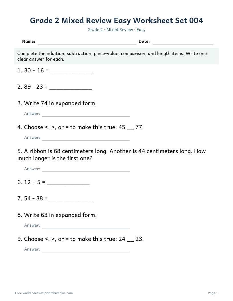 Preview of Grade 2 Mixed Review Easy Worksheet Set 004