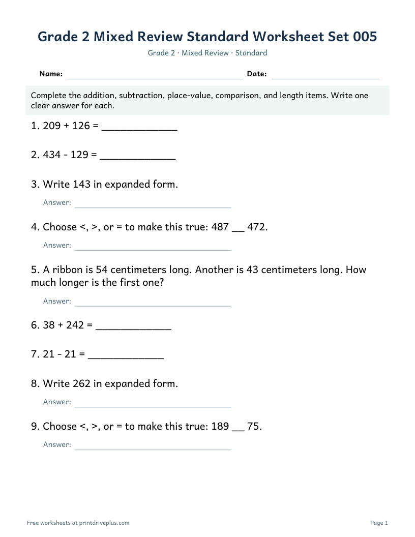 Preview of Grade 2 Mixed Review Standard Worksheet Set 005