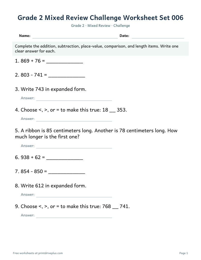Preview of Grade 2 Mixed Review Challenge Worksheet Set 006