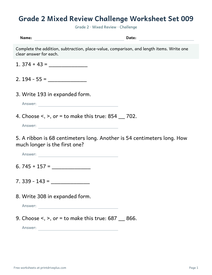 Preview of Grade 2 Mixed Review Challenge Worksheet Set 009