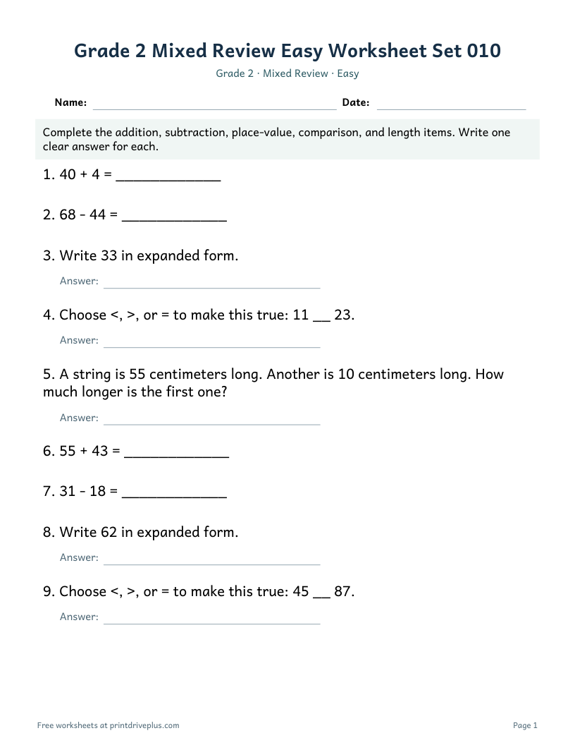Preview of Grade 2 Mixed Review Easy Worksheet Set 010