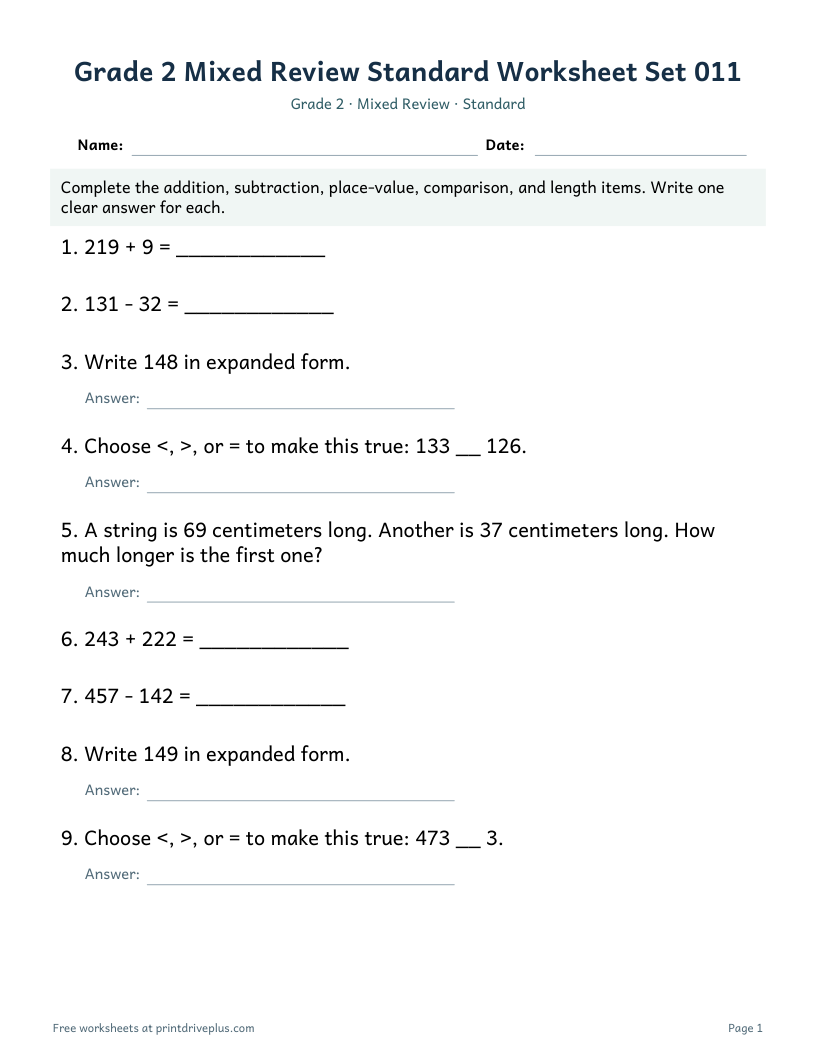 Preview of Grade 2 Mixed Review Standard Worksheet Set 011