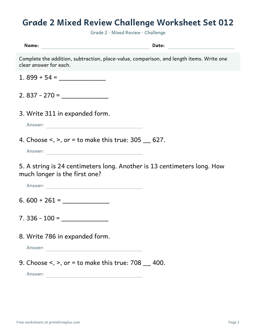 Preview of Grade 2 Mixed Review Challenge Worksheet Set 012