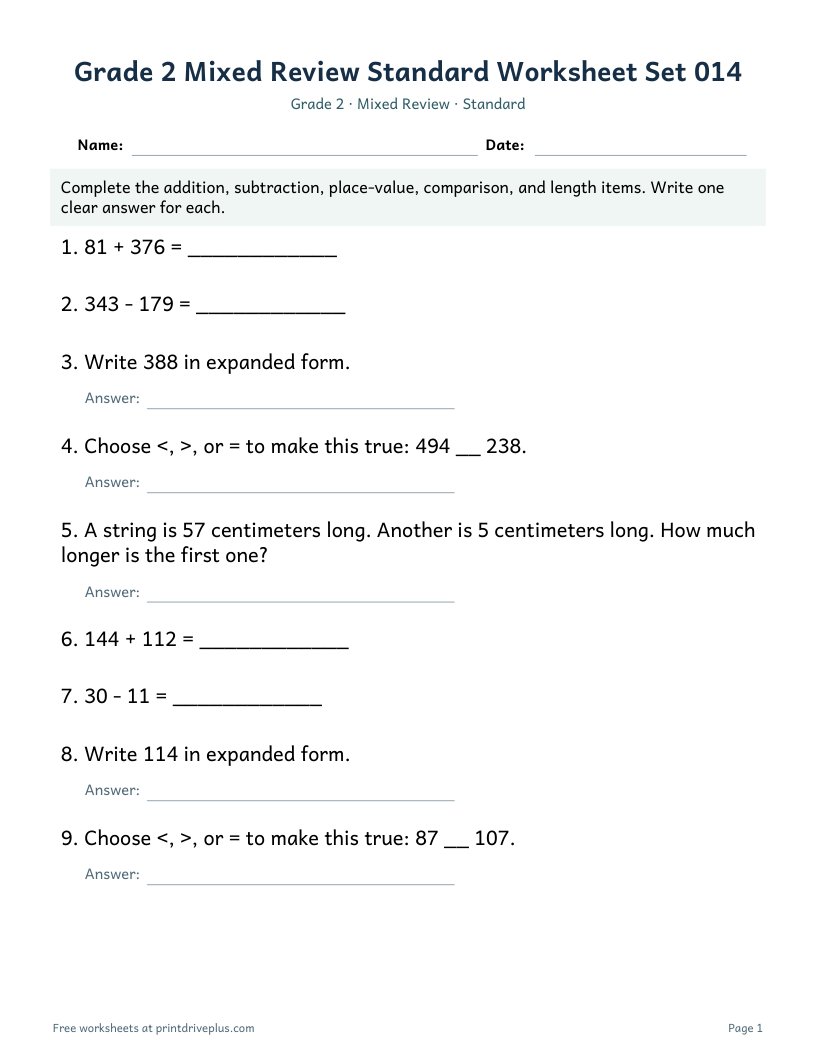 Preview of Grade 2 Mixed Review Standard Worksheet Set 014