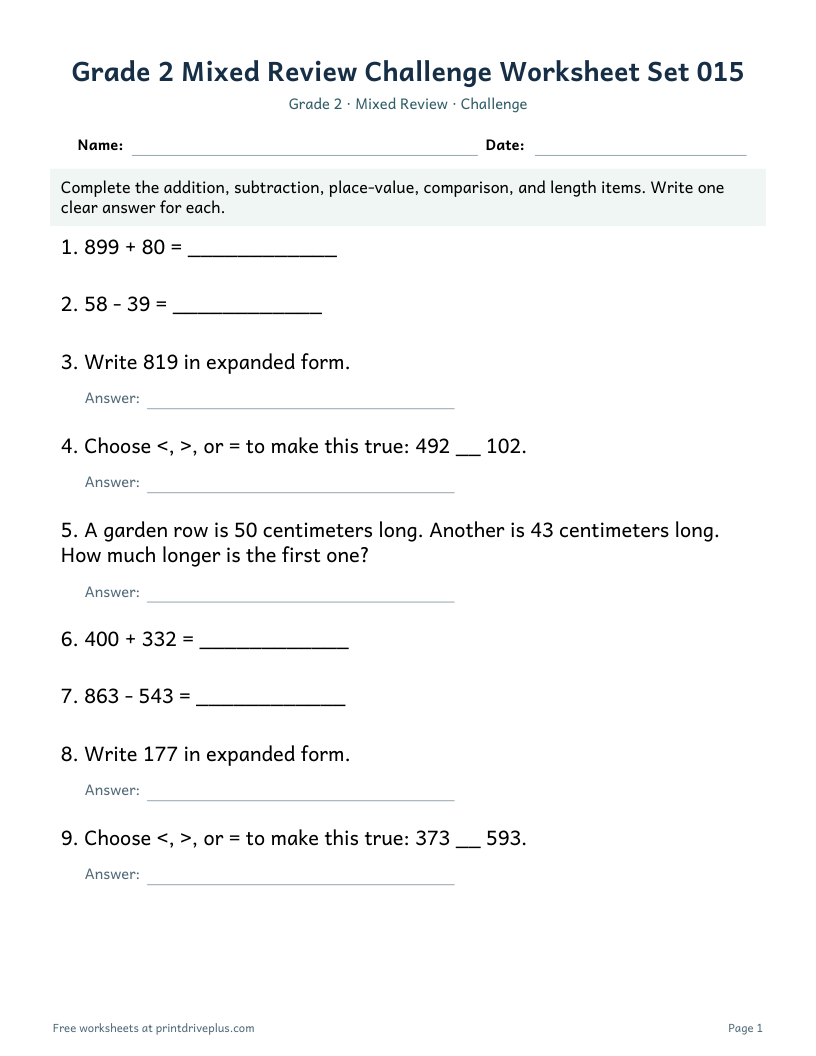 Preview of Grade 2 Mixed Review Challenge Worksheet Set 015