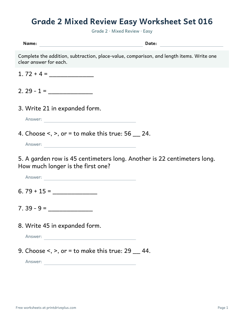Preview of Grade 2 Mixed Review Easy Worksheet Set 016
