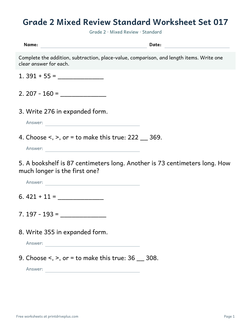 Preview of Grade 2 Mixed Review Standard Worksheet Set 017