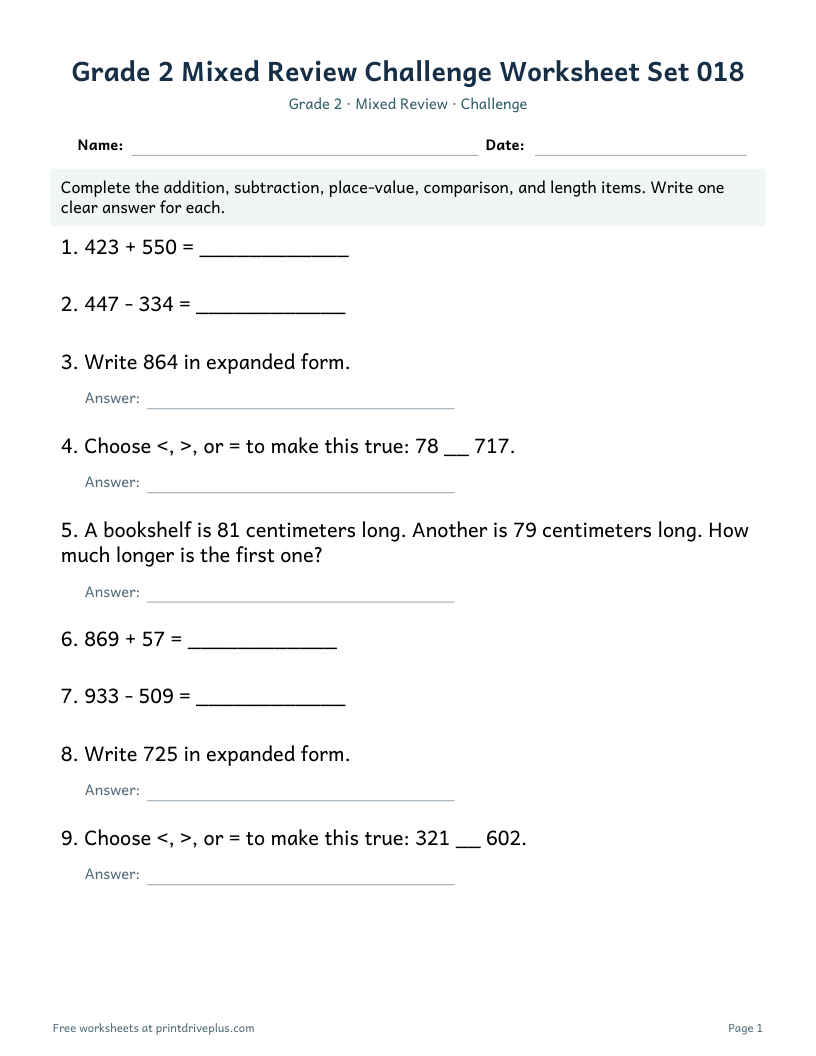 Preview of Grade 2 Mixed Review Challenge Worksheet Set 018