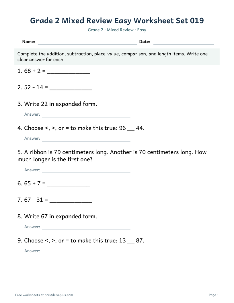 Preview of Grade 2 Mixed Review Easy Worksheet Set 019
