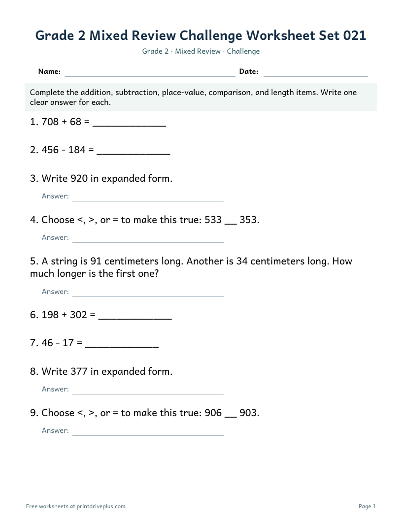 Preview of Grade 2 Mixed Review Challenge Worksheet Set 021