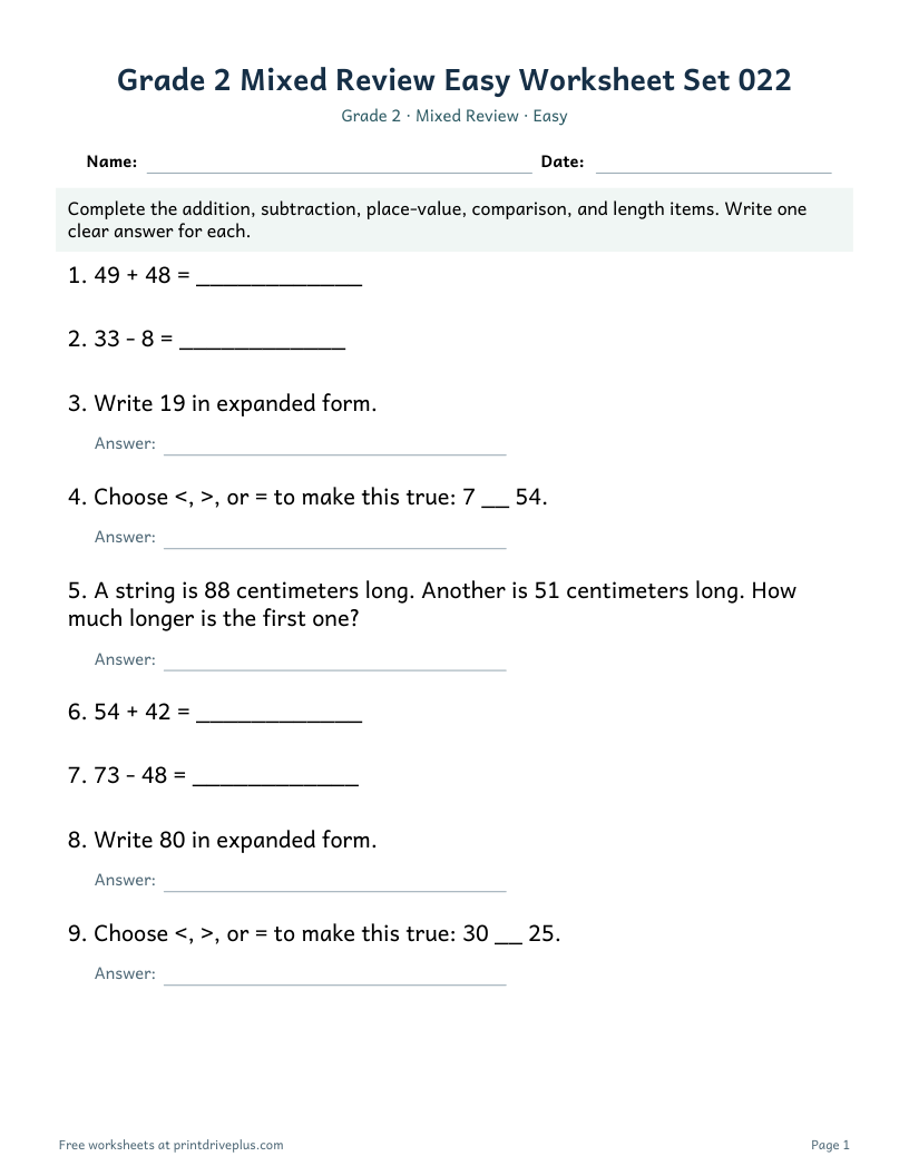 Preview of Grade 2 Mixed Review Easy Worksheet Set 022