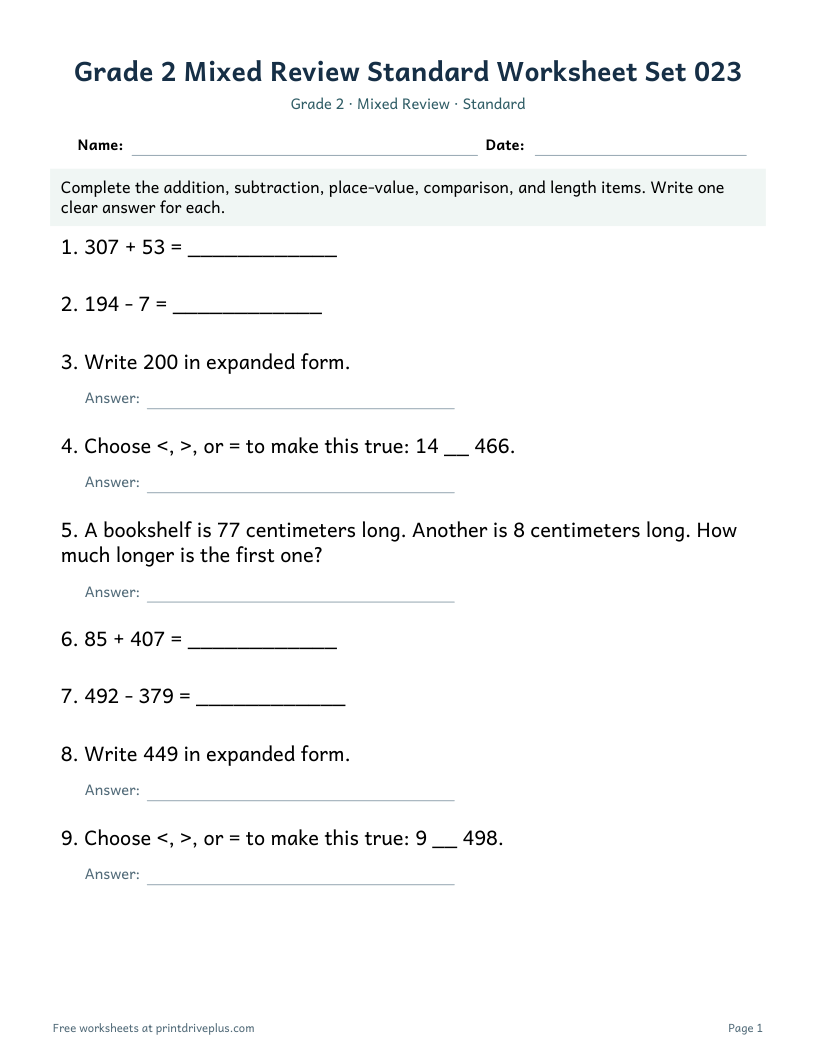 Preview of Grade 2 Mixed Review Standard Worksheet Set 023