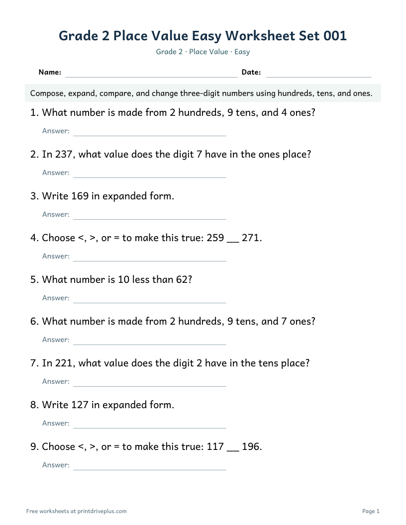 Preview of Grade 2 Place Value Easy Worksheet Set 001