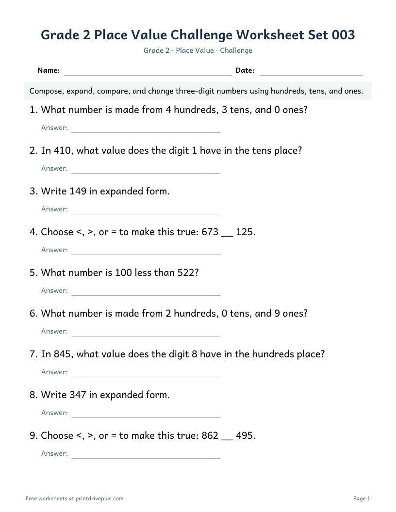 Preview of Grade 2 Place Value Challenge Worksheet Set 003