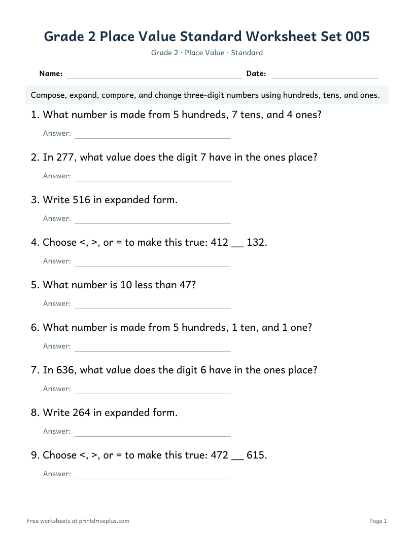 Preview of Grade 2 Place Value Standard Worksheet Set 005