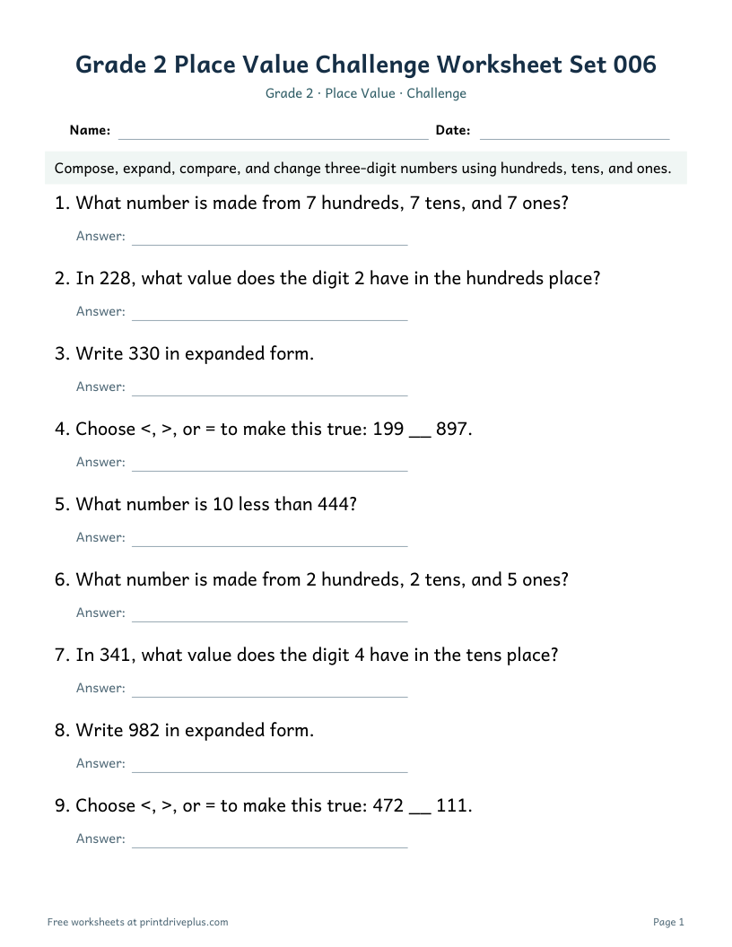 Preview of Grade 2 Place Value Challenge Worksheet Set 006